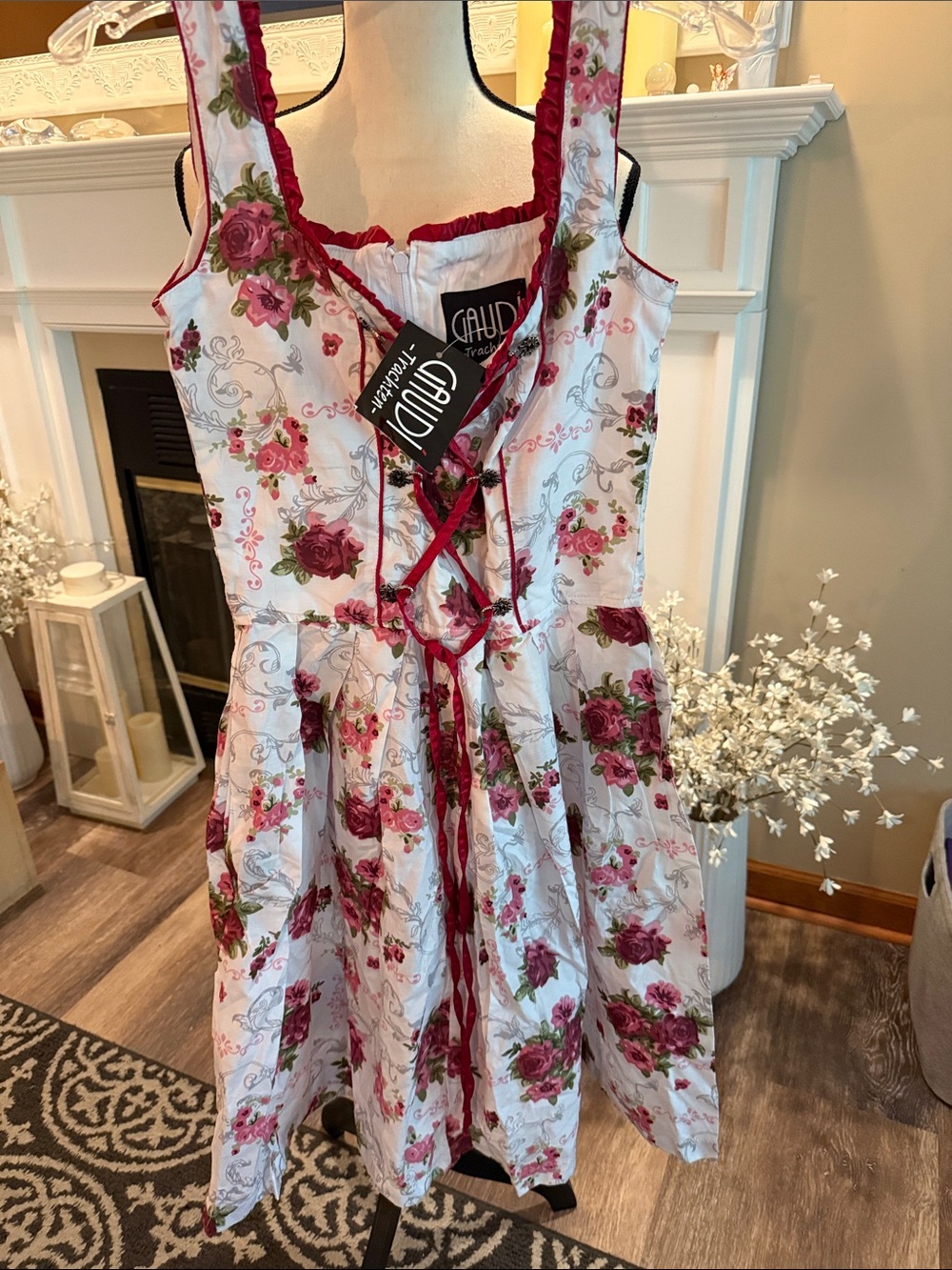Gaudi' October White Sundress with Rose Floral Print and Red Trim